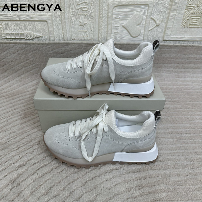 Knit Fabric Lace Up Sneakers - 2025 branco de malha camurça plana