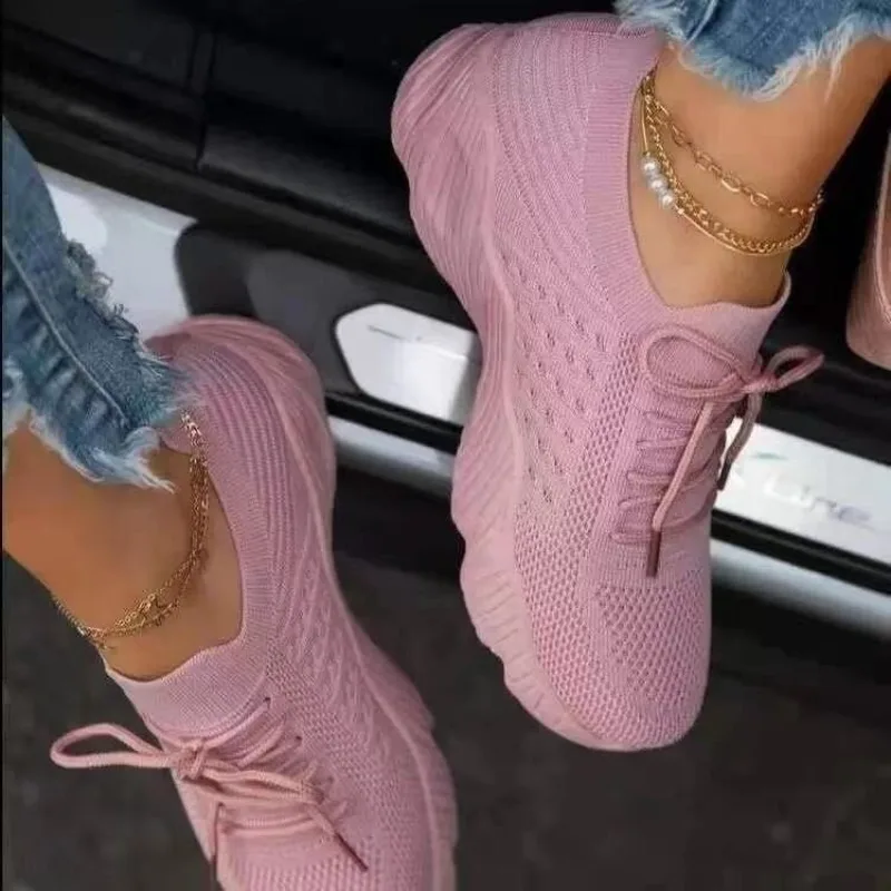 Tênis femininos casuais de mal - Knit Fabric Lace Up Sneakers avaliação e preço
