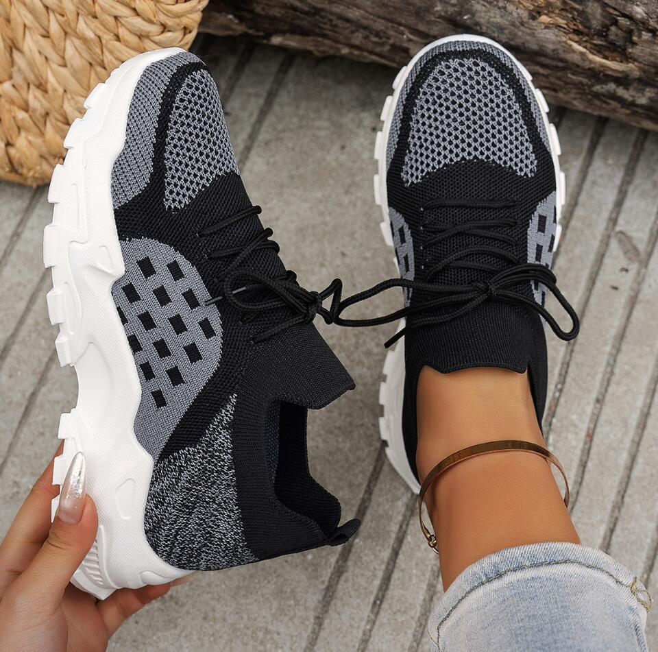Tênis Esportivos Femininos Res - Knit Fabric Lace Up Sneakers avaliação e preço