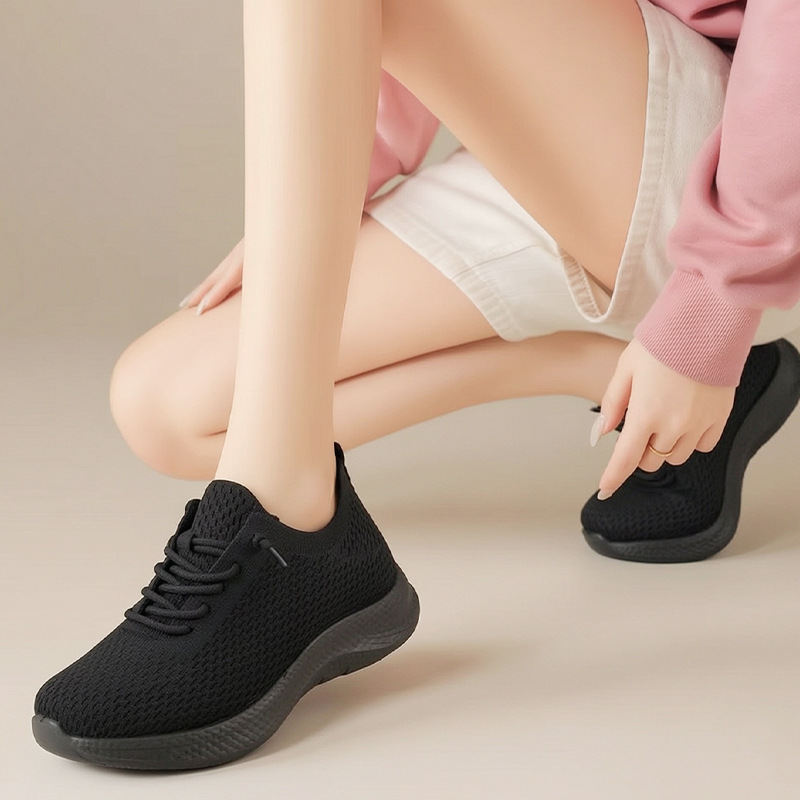 Tênis femininos de verão, resp - Knit Fabric Lace Up Sneakers avaliação e preço