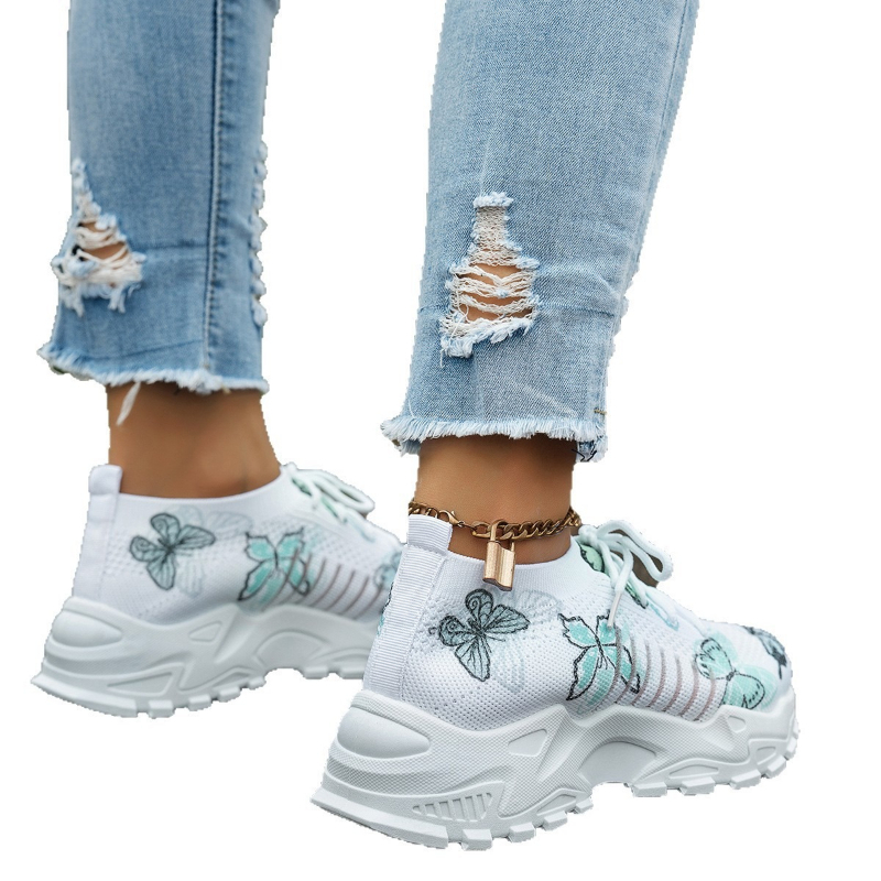 Tênis femininos com estampa de - Knit Fabric Lace Up Sneakers avaliação e preço