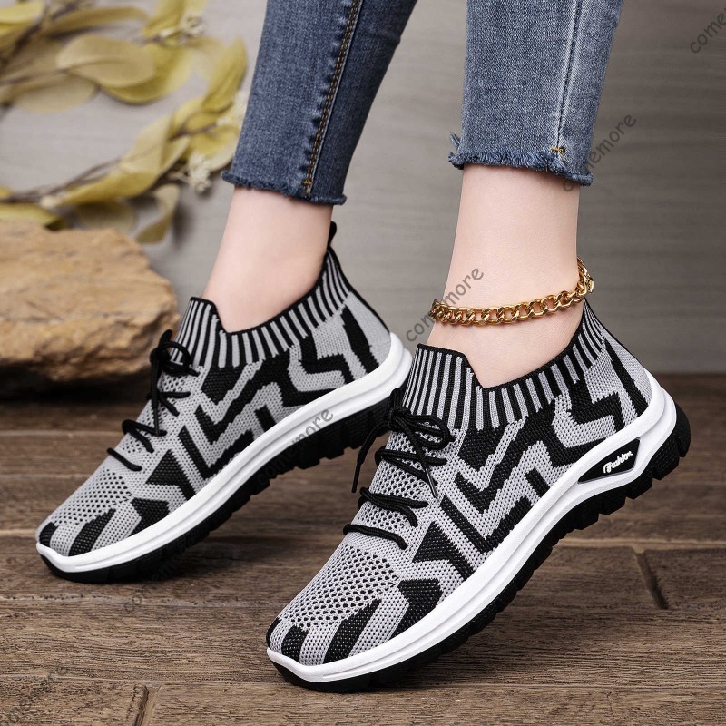 Tênis femininos de malha respi - Knit Fabric Lace Up Sneakers avaliação e preço