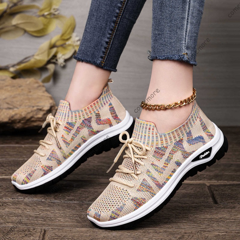 Tênis femininos de malha respi - Knit Fabric Lace Up Sneakers avaliação e preço