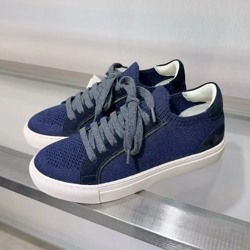 Mulheres malha respirável têni - Knit Fabric Lace Up Sneakers avaliação e preço