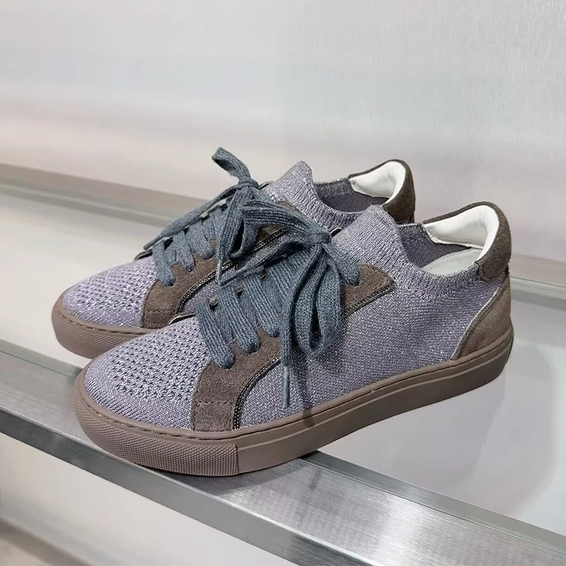 Mulheres malha respirável têni - Knit Fabric Lace Up Sneakers avaliação e preço