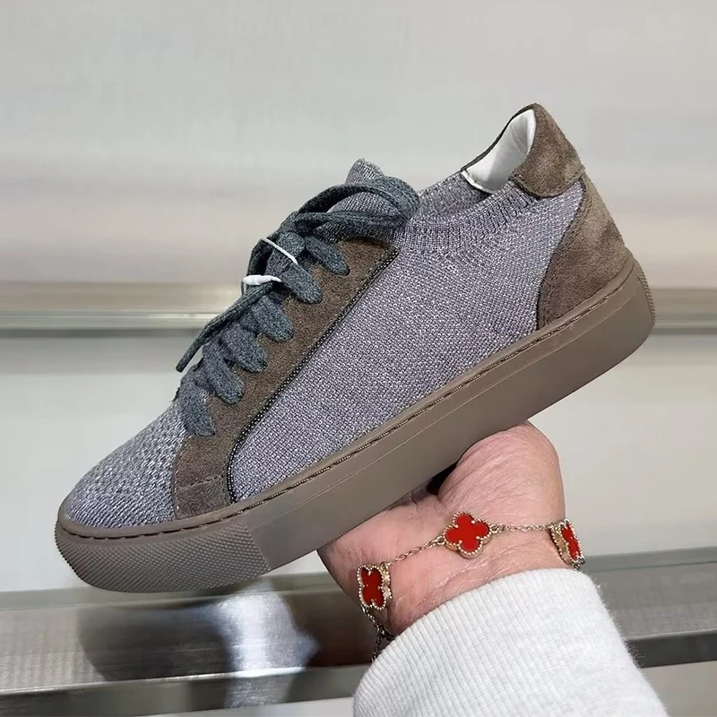 Mulheres malha respirável têni - Knit Fabric Lace Up Sneakers avaliação e preço
